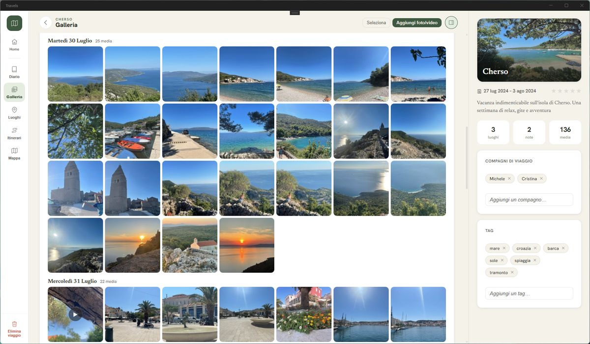 Schermata desktop di Travels: la galleria con le foto organizzate per giorno