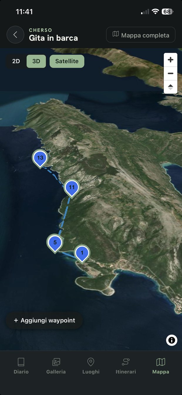 Schermata iPhone di Travels: l'itinerario della gita in barca a Cherso disegnato sulla mappa satellitare 3D, con le tappe numerate